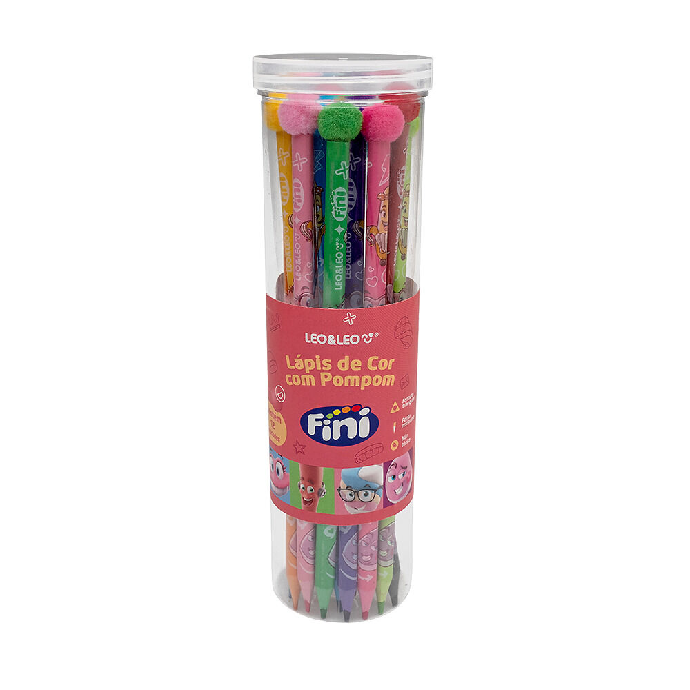 L&aacute;pis De Cor Triangular Com Pompom Pote com 12 Unid - Fini