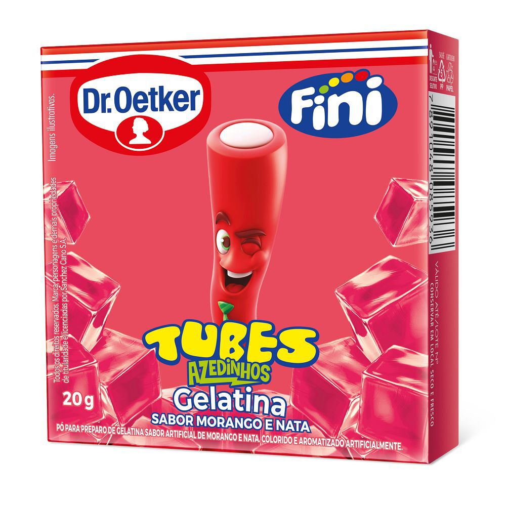 Pacote Gelatina Fini Tubes Azedinha 20g Sabor Morango e Nata